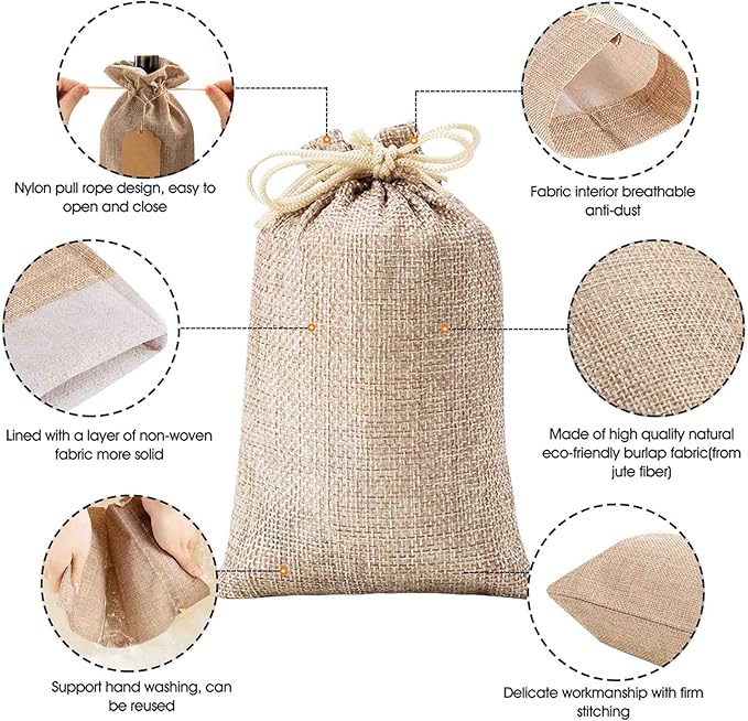 Homum 100Pcs Premium Burlap Gift Bags with Drawstring and Gift Tags & String, 3x4 Inch Reusable Gift Bags, Burlap Bags for Christmas, DIY Craft Bags