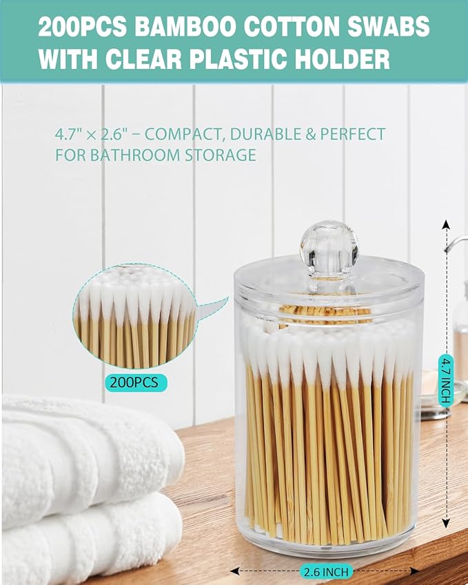Bamboo Cotton Swabs with Plastic Holder, 200 Count (3 Inch) – Eco-Friendly Biodegradable Cotton Buds for Makeup, Pet Ear Care, Household Cleaning & Travel Storage Jar