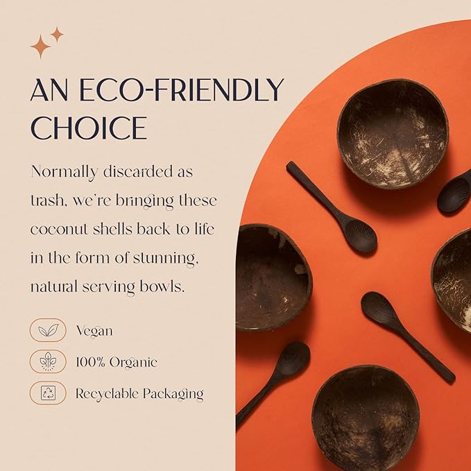Coconut Bowl Set with Wooden Spoons –White Elephant Gifts For Adults, Christmas Gifts. Eco-Friendly Acai Bowls, Yogurt Bowls & Smoothie Bowl – Ideal for Ninja Creami (2, Jumbo Polished)