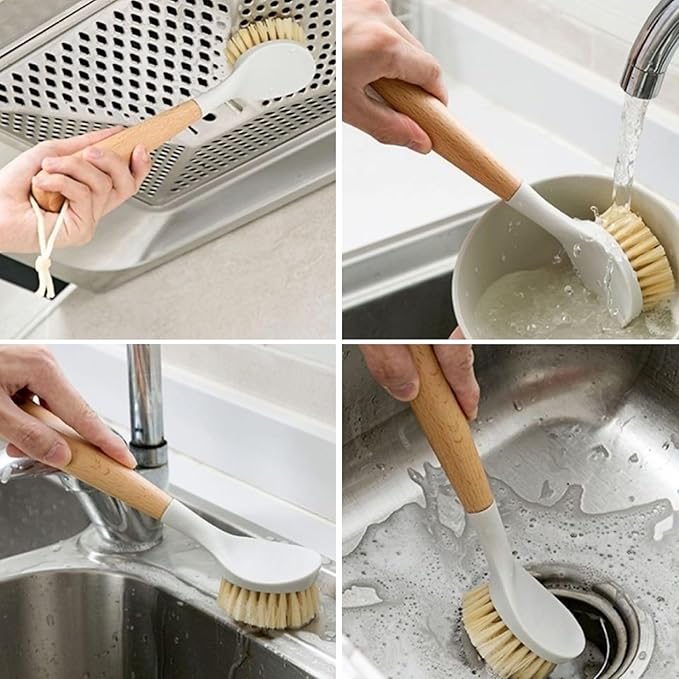 2Pcs Dish Brush with Handle Nylon Scrub Brush with Wooden Handle Hanging Hole Cleaning for Dishes Pots Cast Iron Skillet