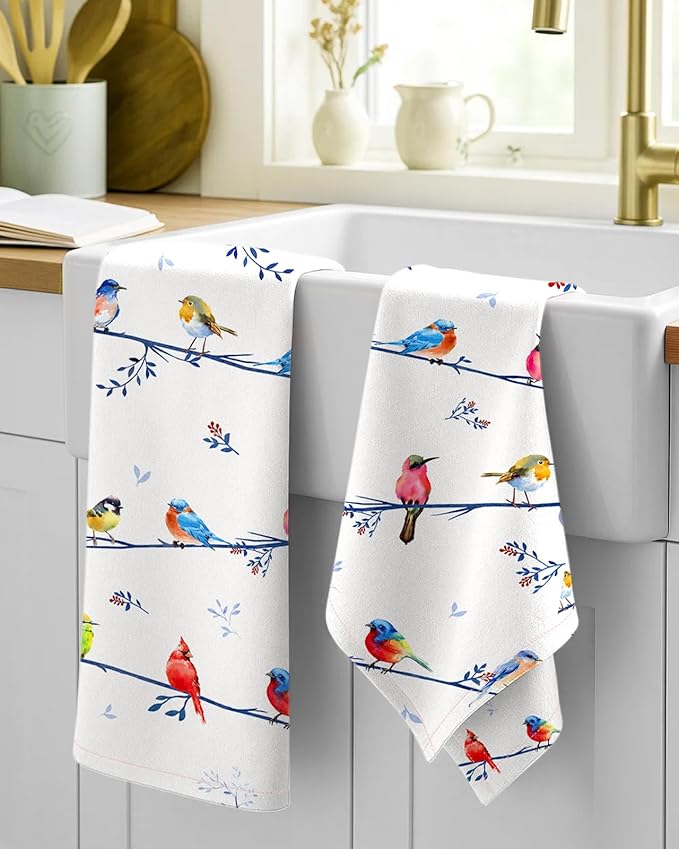 Flour Sack Kitchen Towels Set of 2-18x26 Cotton Dish Towels with Hanging Loop Reusable Tea Towel for Cleaning Spring Absorbent Dishcloths Cute Home Decor Housewarming, Watercolor Bird