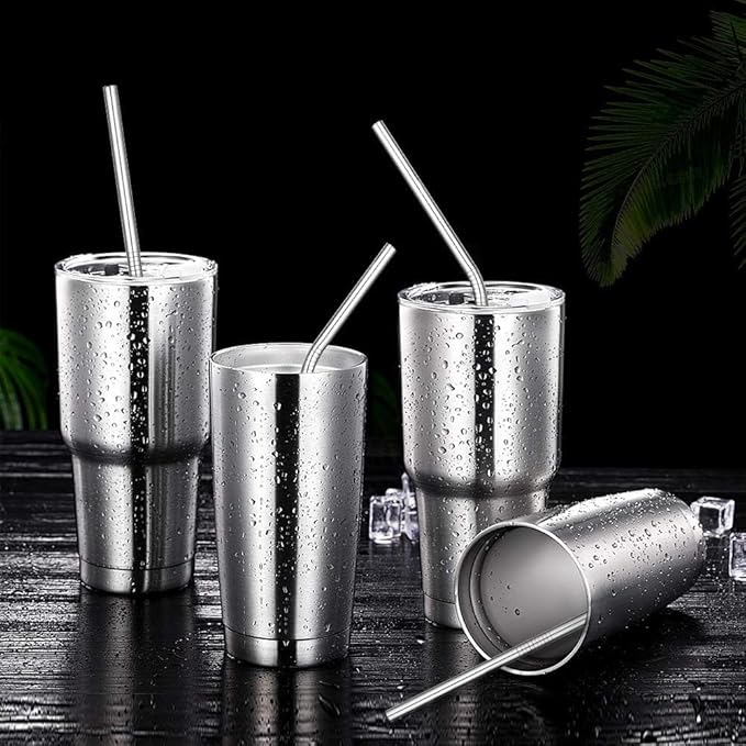 Vinaco Stainless Steel Straws Reusable, 12 Pack 8.5" & 10.5" Metal Straws 0.24" for 20 oz - 32 oz Tumblers, Long Drinking Straws with Cleaning Brush for Coffee, Juice, Cocktail and Hot Drinks