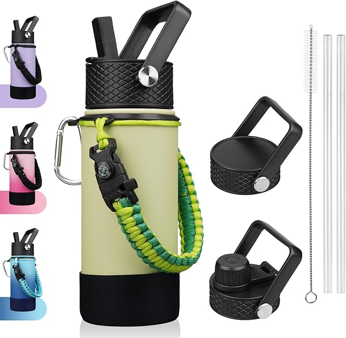 BJPKPK Water Bottle with Straw Lid, 18oz Insulated Water Bottles with 3 Lids, Paracord Handle & Non-slip Boot, Metal Stainless Steel Thermal Flasks, BPA Free Leak Proof Cups, Tumblers,Macaron Green