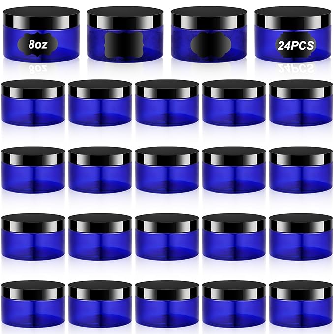Dandat 24 Pcs 8 oz Plastic Jar Container with Lid and Label Refillable Empty Round Blue with Black PET Cosmetic Sample Containers for Lotion, Cream, Ointments, Body Butter, Makeup, Travel Storage