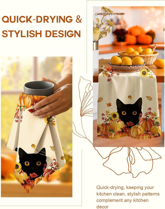 Flour Sack Kitchen Towels Set of 2-18x26 Inch Cotton Dish Towels with Hanging Loop Absorbent Reusable Cloths for Cleaning Cute Autumn Fall Home Decor Housewarming, Autumn Two Cats