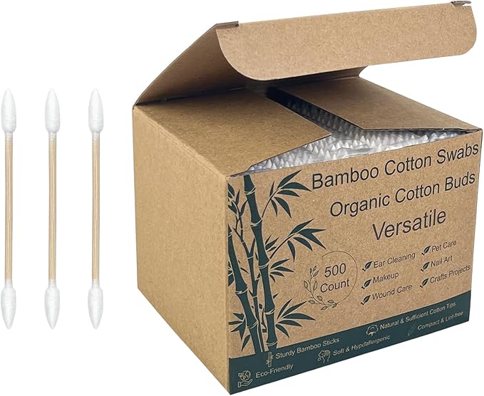 500 Precision Tip Bamboo Cotton Swabs – Biodegradable & Organic Cotton Buds with Precision Tips – Eco-Friendly Wooden Swabs for Makeup, Cleaning, Crafts, and Baby Care
