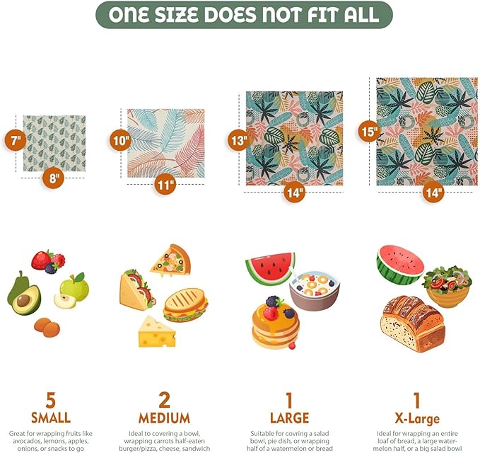 Akeeko Reusable Beeswax Food Wraps - Assorted 9 Packs, Reusable, Plastic-Free Food Storage, 5 Small, 2 Medium, 1 Large Wraps, 1 Extra Large with Tropical Leave Pattern