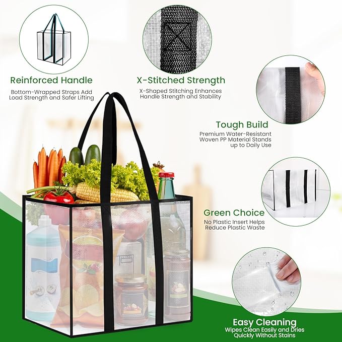 6 Pack Reusable Grocery Bags, Heavy-Duty Shopping Bags with Sturdy Handles, Water-Resistant & Foldable Organizer, Shopping Bags for Groceries, Market, Car Trunk, Multi-Purpose, 33L