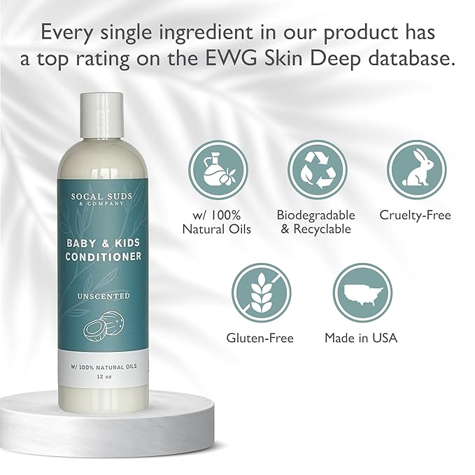 SoCal Suds & Company - Organic Baby & Kids Conditioner - Moisture Baby Hair Conditioner - Gentle Natural Vitamin Rich Ingredient Organic Oils for Babies and Kids Sensitive Scalp - Fragrance Free, 12oz