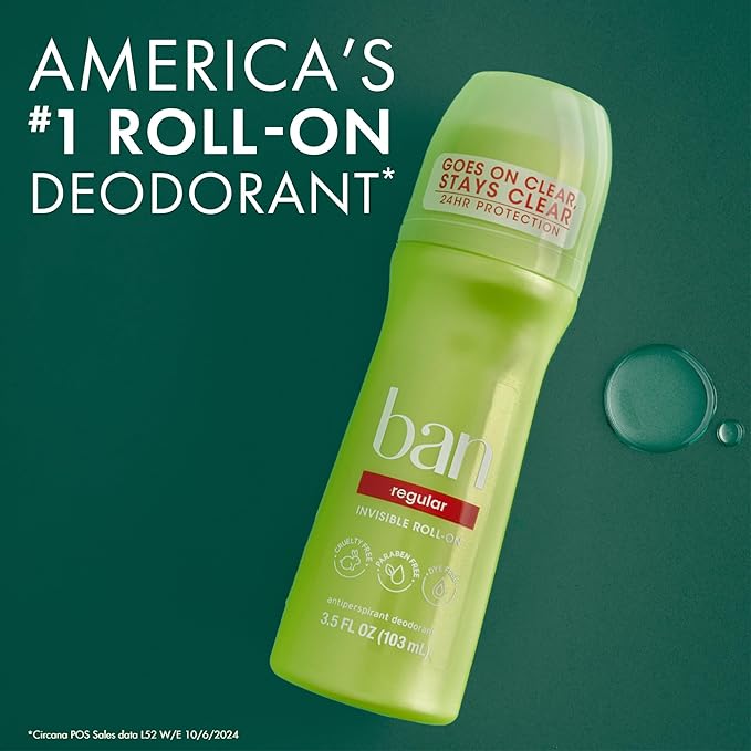 Ban Invisible Roll-on Antiperspirant Deodorant for Women and Men, 24-hour Underarm Odor & Sweat Protection, Regular Scent, 3.5 Oz, Pack of 4
