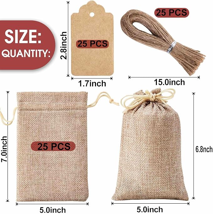 Homum 25PCS Burlap Gift Bags with Drawstring and Gift Tags & String, 5x7 Inch Party Favor Gift Burlap Bags Linen Jewelry Pouches for Party, Wedding, Jewelry Pouches, Christmas, Festival, Coffee, DIY Craft