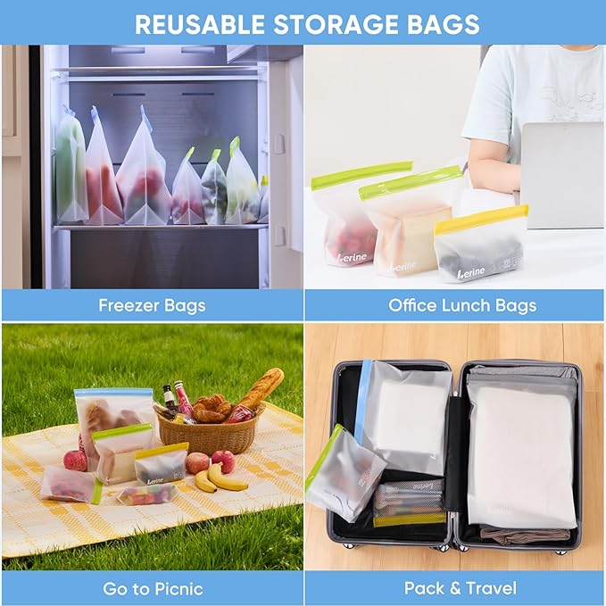 Lerine 10 Pack Stand-Up Reusable Freezer Bags Silicone, Leakproof Dishwasher Safe Food Storage Bags, BPA Free Reusable Gallon Bags for Marinating, Meal Prep - 3 Gallon 4 Sandwich 3 Snack (Multicolor)