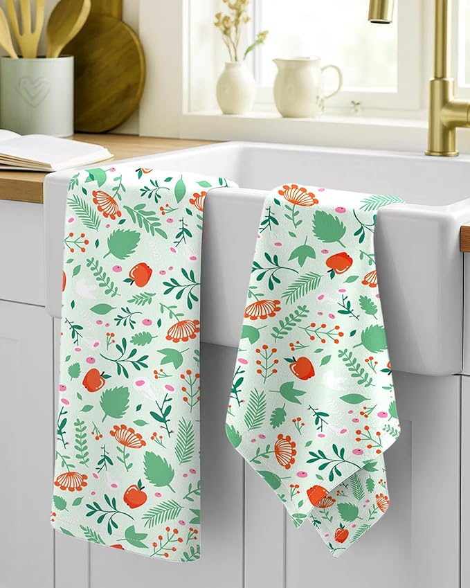 Flour Sack Kitchen Towels Set of 2-18x26 Cotton Dish Towels with Hanging Loop Reusable Tea Towel for Cleaning Spring Absorbent Dishcloths Cute Home Decor Housewarming, Green Leaf Fruit