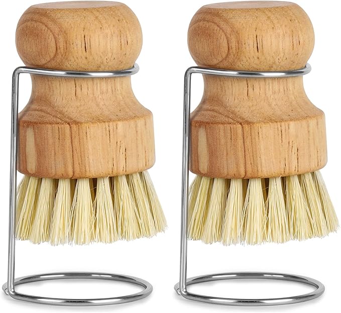 2Pcs Bamboo Dish Brush with Drain Rack - Bamboo Scrub Brush with Natural Sisal Bristles for Dishes Iron Pot Pan Sink Cleaning