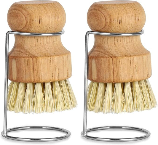 2Pcs Bamboo Dish Brush with Drain Rack - Bamboo Scrub Brush with Natural Sisal Bristles for Dishes Iron Pot Pan Sink Cleaning