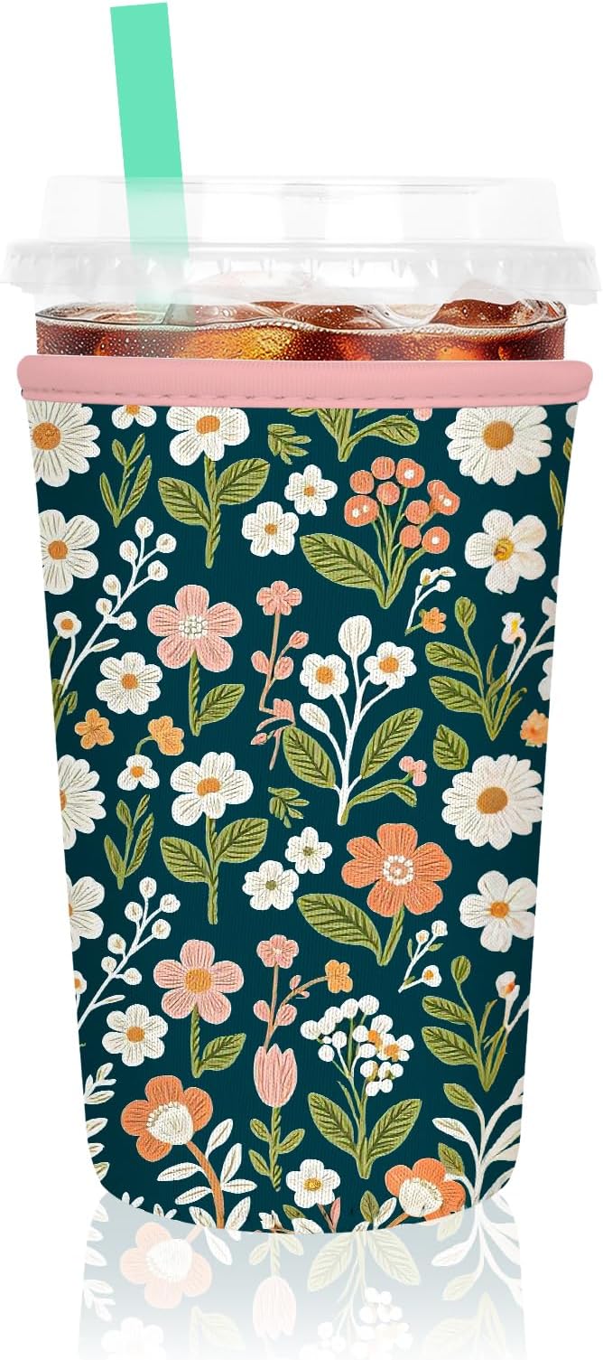 Iced Coffee Sleeve, Reusable Insulated Neoprene Cup Sleeve for Cold & Hot Drinks Beverages, Cup Holder for 22-24oz Coffee Cups,Classic Flower