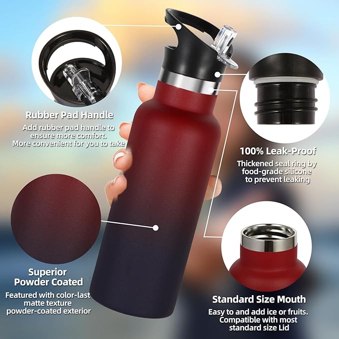 Volhoply 17oz Kids Insulated Water Bottle,Stainless Steel Water Bottles with Straw Lid,Double Wall Vacuum Metal Cups Water Bottle,Reusable Sports School Water Flask Keep Cold(Red Purple,1 Set)
