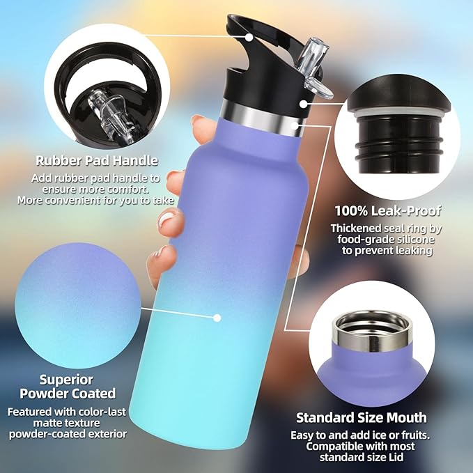 Volhoply 17oz Kids Insulated Water Bottle,Stainless Steel Water Bottles with Straw Lid,Double Wall Vacuum Metal Cups Water Bottle,Reusable Sports School Water Flask Keep Cold(Purple Blue,1 Set)