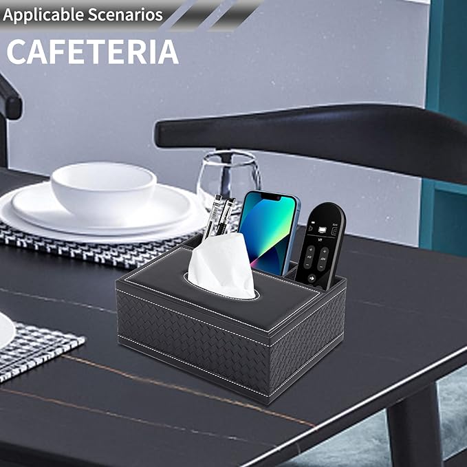 PU Leather Rectangular Tissue Box Cover - Multifunctional Tissue Box Holder with Stationery Remote Control Box, Decorative Tissue Pen Remote Organizer for Home/Office/Restaurant