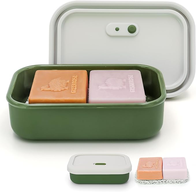 Silicone Enhanced Leak Proof Travel Soap Case, Vented Shampoo Bar Holder, Large Bar Soap Box with Lid Portable Soap Dish with Draining Layer (Offwhite& Green)