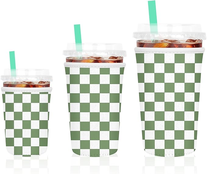 3 Pack Iced Coffee Sleeve, Reusable Insulated Neoprene Cup Sleeve for Cold & Hot Drinks Beverages, Cup Holder for 16-32oz Coffee Cups, Green Plaid
