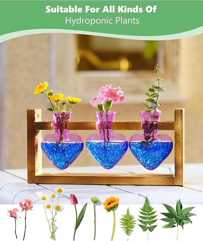 Nacome Plant Terrarium Propagation Stations: Air Planter 3 Bulb Glass Heart Shaped Vase with Wooden Stand for Hydroponics Home Office Decor - Christmas Gifts for Plant Lovers Women Mom Wife(Purple)