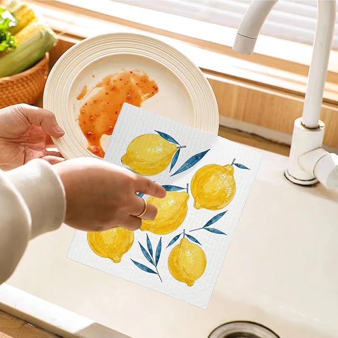 Lemon Swedish Dishcloths for Kitchen, Swedish Dish Cleaning Cloths for Friut, Papaya Reusable Paper Towels, 4 Pack Dish Towels for Kitchen, Reusable Sponge Cloths Washable