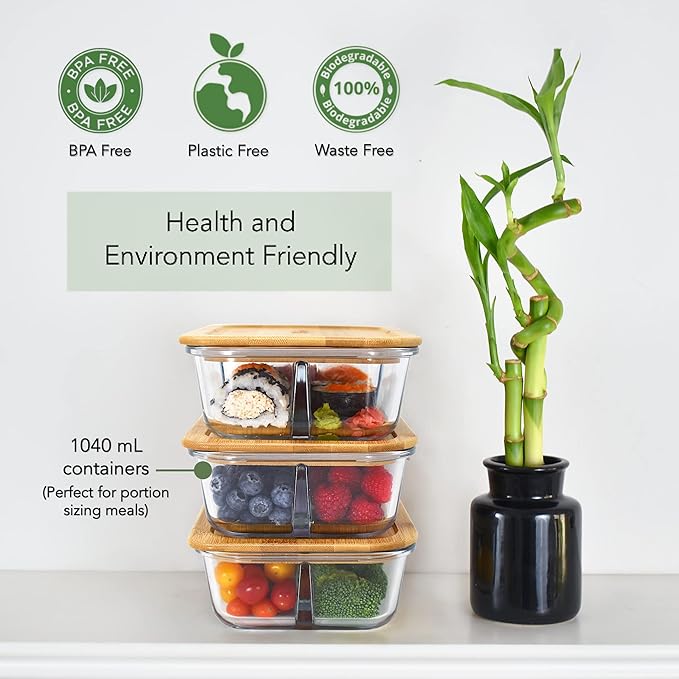 Glass Bento Box Containers with Bamboo Lids, 3 Compartment Glass Meal Prep Containers (3 Pack) - 100% Plastic Free, Eco-Friendly Lunch Container Set, Bamboo Lid Bento Boxes for Adults