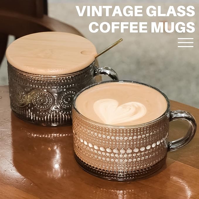 Vintage Glass Coffee Mugs, 14 Oz Set of 2 Embossed Glassware Tea Cups for Breakfast, Dessert, Cappuccino, Latte, Cereal, Yogurt, Beverage Gift