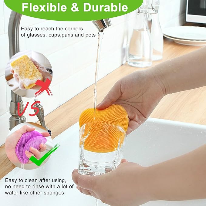 Silicone Dish Scrubber, 12 Pack Silicone Sponge Dish Brush Food Grade BPA Free Reusable Rubber Sponges Dishwasher Safe and Dry Fast for Kitchen Dish Dishes Fruits Vegetables Washing and Cleaning
