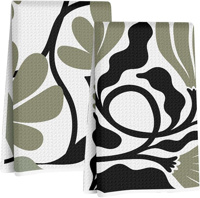 2Pcs Abstract Floral Kitchen Towels 24x14 Inch, Boho Style Sage Green Flower Hand Towels for Kitchen Home Decor, Absorbent Microfiber Dish Cloth Tea Towel, Housewarming Gifts for Women Mom Grandma