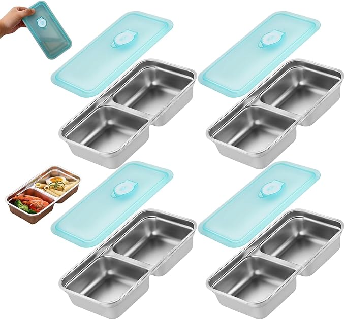Grab and Go Snack Containers Reusable,Stainless Steel Double Compartment Snack Container,Compartment Containers with Lids,for Snacks Dips Travel and Outdoor Camping (4Pcs)