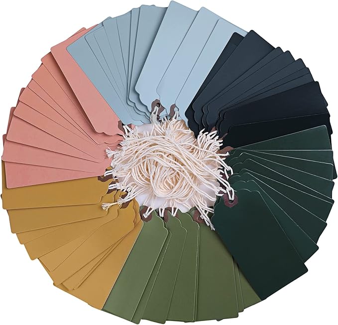 Outus 60 Pcs 4 3/4-in x 2 3/8-in Blank Large Paper Gift Tags with String and Reinforced Eyelet Wire Writable Price Tags Shipping Labels Inventory Labels(Morandi Color)