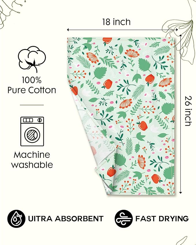 Flour Sack Kitchen Towels Set of 2-18x26 Cotton Dish Towels with Hanging Loop Reusable Tea Towel for Cleaning Spring Absorbent Dishcloths Cute Home Decor Housewarming, Green Leaf Fruit