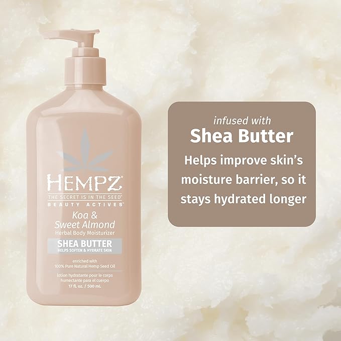 HEMPZ Koa & Sweet Almond Herbal Body Moisturizer for Women, 17 Fl. oz. - Moisturizing Lotion with 100% Pure Hemp Seed Oil and Shea Butter - Hydrating Vegan Lotion for Dry Skin