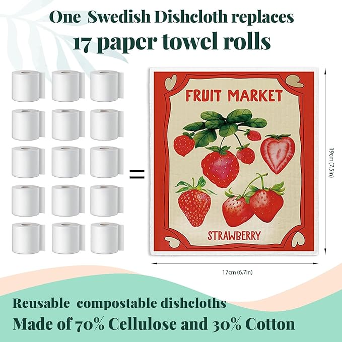 Swedish Dishcloths for Kitchen, Pink Strawberries Peach Orange Lemon Swedish DishCloths for Summer Friut Market, 4 Pack Dish Towels for Kitchen, Papaya Reusable Paper Towels Washable