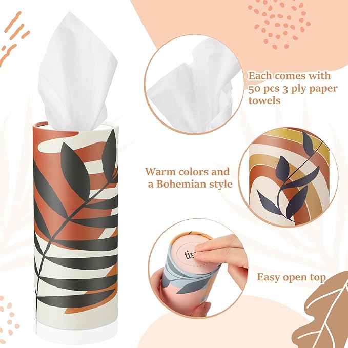 Maxcheck 20 Pack Boho Car Tissues Cylinder with 3 Ply Facial Tissues, Travel Round Napkin Holders, Bulk Round Napkin Boxes for Car Paper Box Holder Paper Container Tubes for Home Bathroom Office