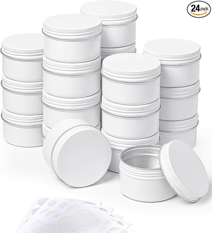 Patelai White Christmas Aluminum Tin Cans 24 Pcs 4 oz Round Metal Tin Jar Containers Refillable Aluminum Storage Cans with Screw Lid and 10 Sheets Label Sticker for Salve Spice Candy Candle