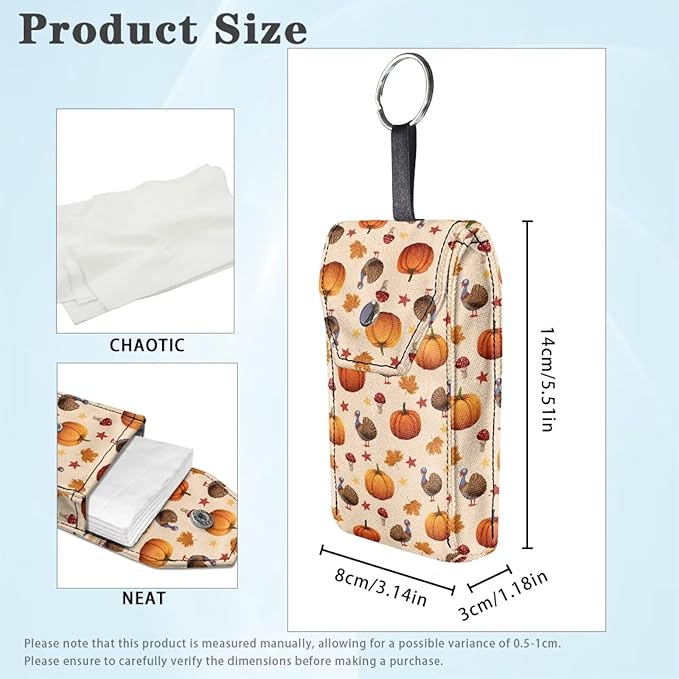 Pumpkin Turkey Print Purse Tissue Holder Portable Pocket Tissue Holder for Coin Keys Tissues with Hanging Rope for Thanksgiving Snap Button Enclosed
