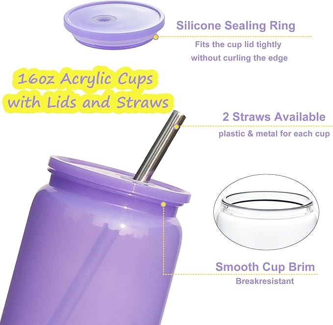 16 oz Plastic Cups Reusable with Lids and Straws & DIY Sticker, 12Pack Acrylic Mason Jars Iced Coffee Drinking Glasses Cup for Park Picnic, Poolside, Party Giveaways, Jelly Color