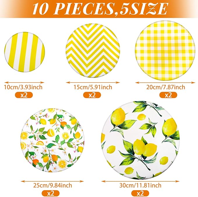 10 Pack Cloth Bowl Covers for Bread Rising - 5 Size Stretch Elastic Food Storage Container Lids - Reusable Cotton Fabric Covers for Food, Fruits, Leftovers (Lemon)