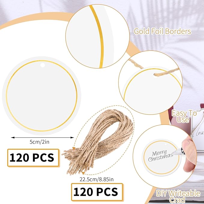 120 PCS White Gift Tags, 2'' Round Gift Tags with String Marking Hang Tag Writable Blank Tag for Presents Labeling DIY Craft Project Valentine's Day Wedding Baby Shower Favors