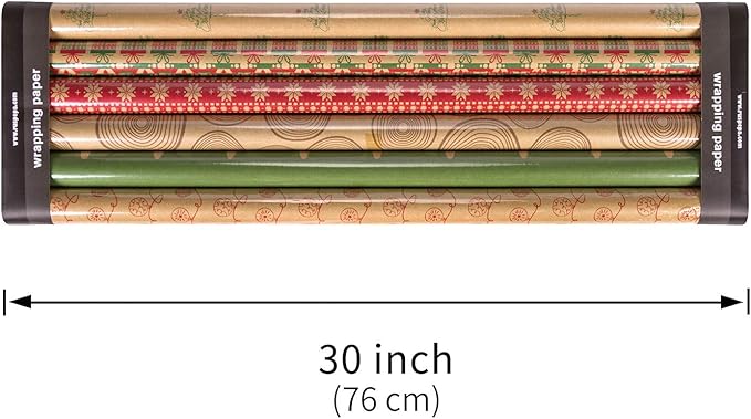 RUSPEPA Christmas Wrapping paper - Brown Kraft Paper with Red and Green Pattern For -Christmas Elements Collection-6 Roll-30Inch X 10Feet Per Roll