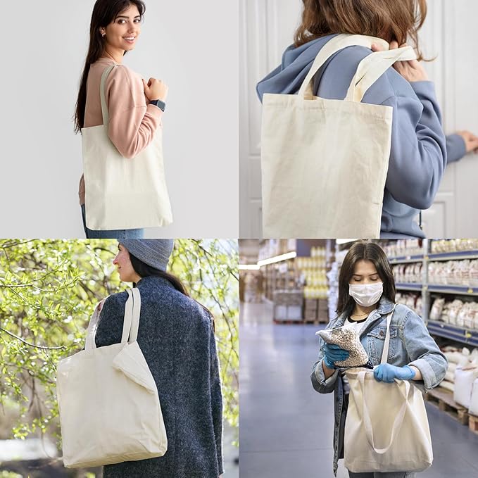 Faylapa 6 Pack Canvas Tote Bags, Heavy Duty Reusable Grocery Shopping Bag 13.6"x 15.3" Blank Cotton Bags for Decorating Christmas Crafts DIY, Painting(Beige)