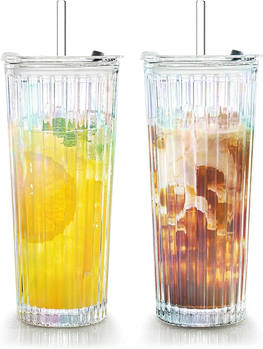 Puraville 2 Pack 18oz Glass Cups with Lids and Straws, Vintage Ribbed Striped Thickened Glassware for Whiskey Cocktail Beer, Mason Jar Drinking Glasses Tumbler Iced Coffee Cup, Rainbow
