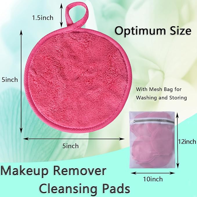 Large Reusable Makeup Remover Pads for Face, Soft Microfiber Makeup Remover Cloths Washable, Premiun 5 INCH Face Cleaning Pad with Laundry Bag, 24 Pack Pink