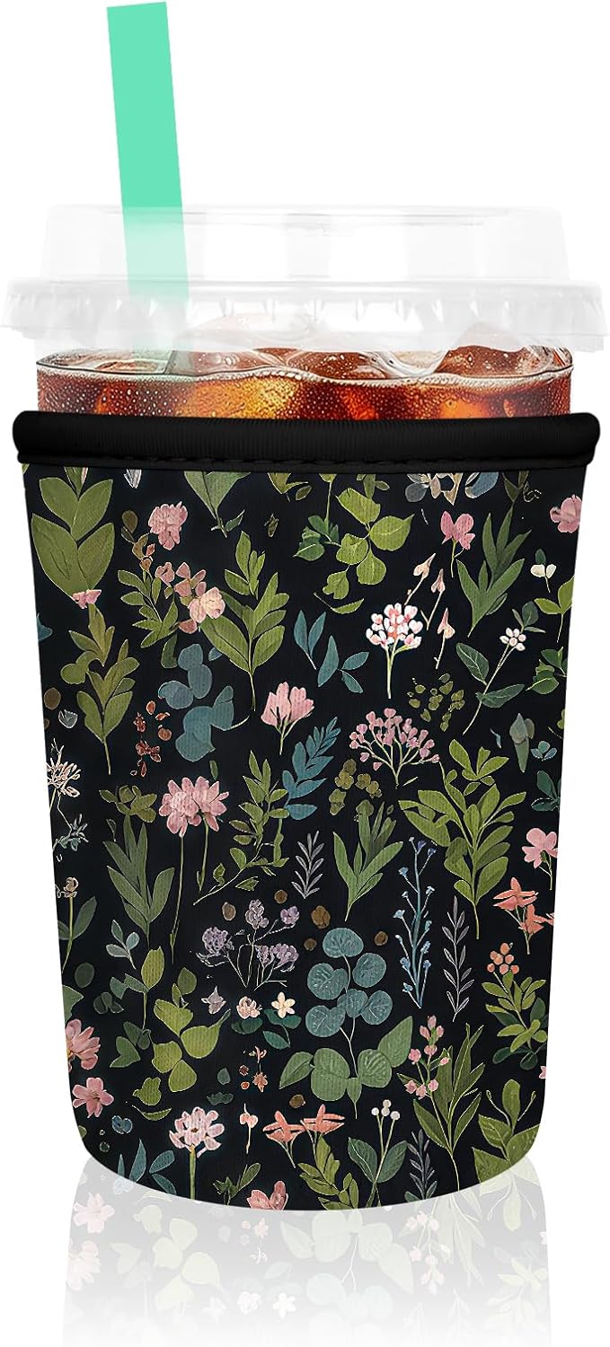 Iced Coffee Sleeve, Reusable Insulated Neoprene Cup Sleeve for Cold & Hot Drinks Beverages, Cup Holder for 16oz-18oz Coffee Cups,Black Flowers