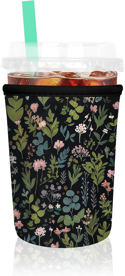 Iced Coffee Sleeve, Reusable Insulated Neoprene Cup Sleeve for Cold & Hot Drinks Beverages, Cup Holder for 16oz-18oz Coffee Cups,Black Flowers