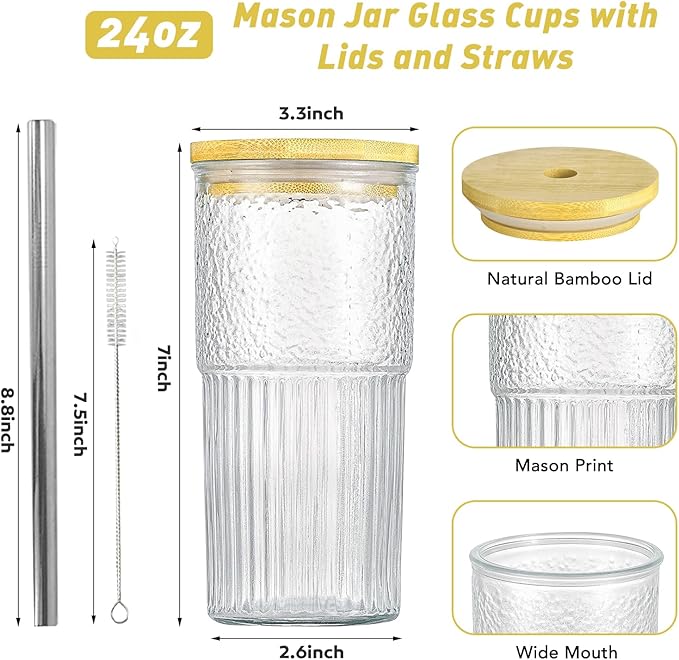 4Pcs 24oz Glass Cups with Lids and Straws, Mason Jar Iced Coffee Cup Wide Mouth Jar Drinking Glasses Set Coffee Mug Smoothie Cup Glass Tumbler Bamboo Lids Metal Straws for Juice and Cocktail Whiskey