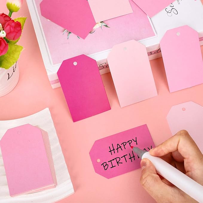 Whaline 120Pcs Pink Theme Gift Tags 4 Colors Gradient Pink Hanging Labels with Hemp Rope Bulk Colorful Blank Paper Tags for Birthday Wedding Holiday Baby Shower DIY Art Craft Supplies